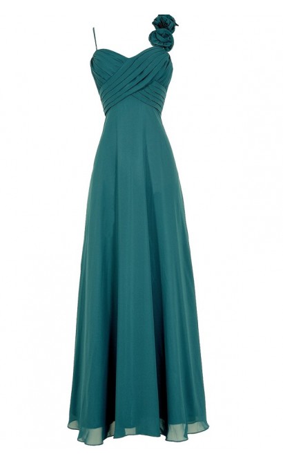 Rosette On My Shoulder Chiffon Maxi Dress in Teal